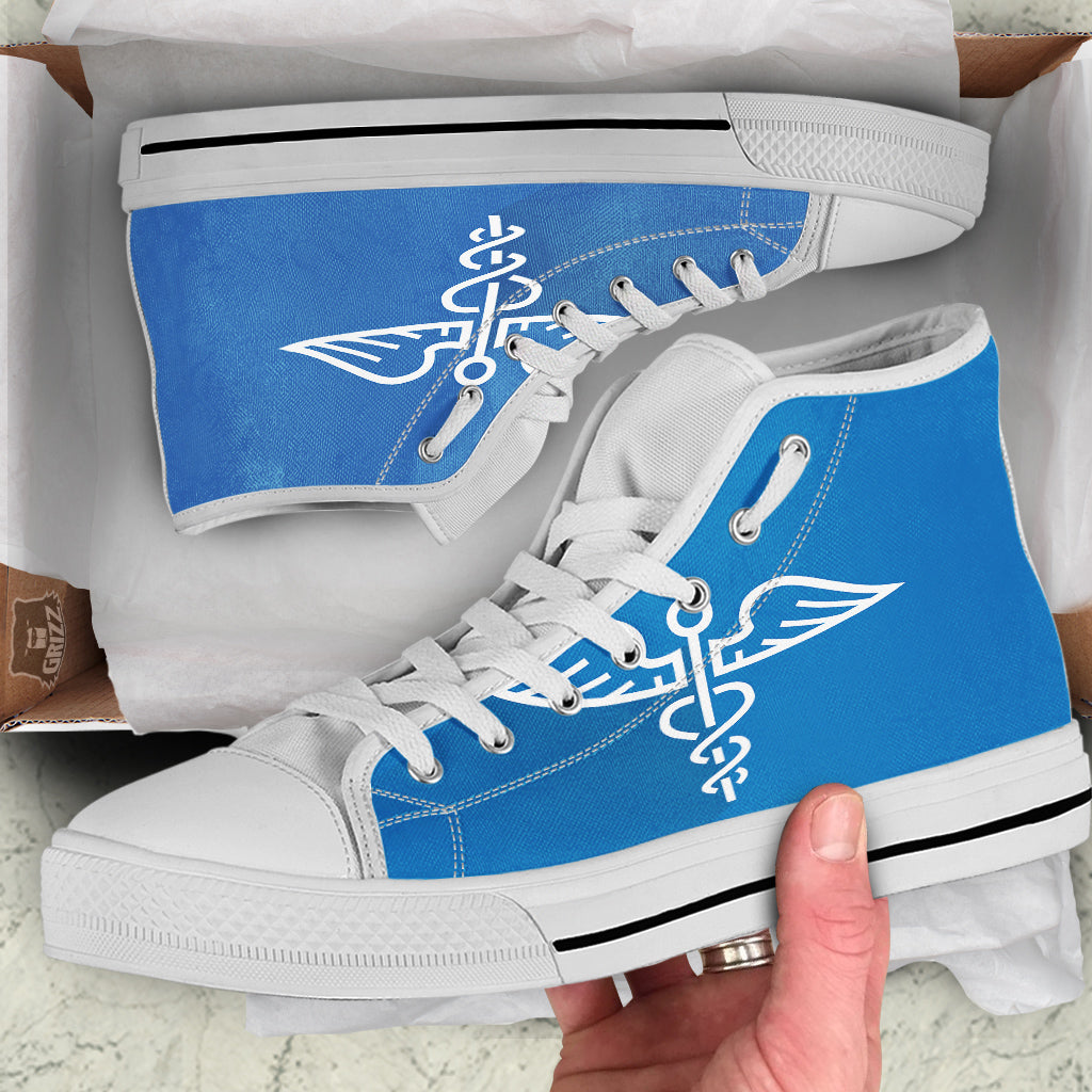 Symbol Caduceus Print White High Top Shoes-grizzshop