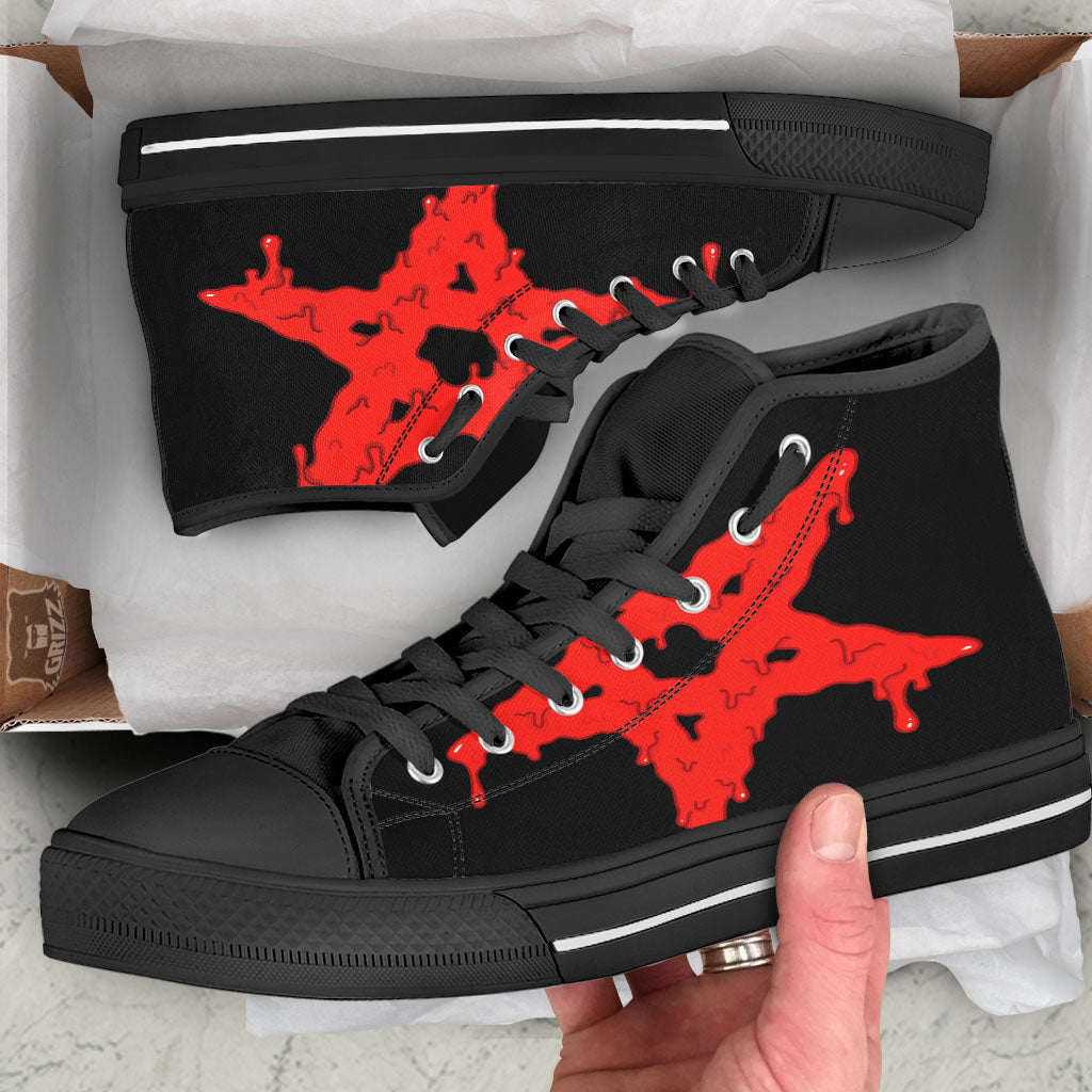 Symbol Red Pentagram Print Black High Top Shoes-grizzshop