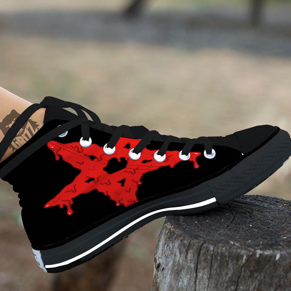 Symbol Red Pentagram Print Black High Top Shoes-grizzshop