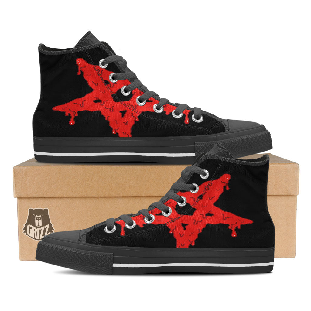 Symbol Red Pentagram Print Black High Top Shoes-grizzshop