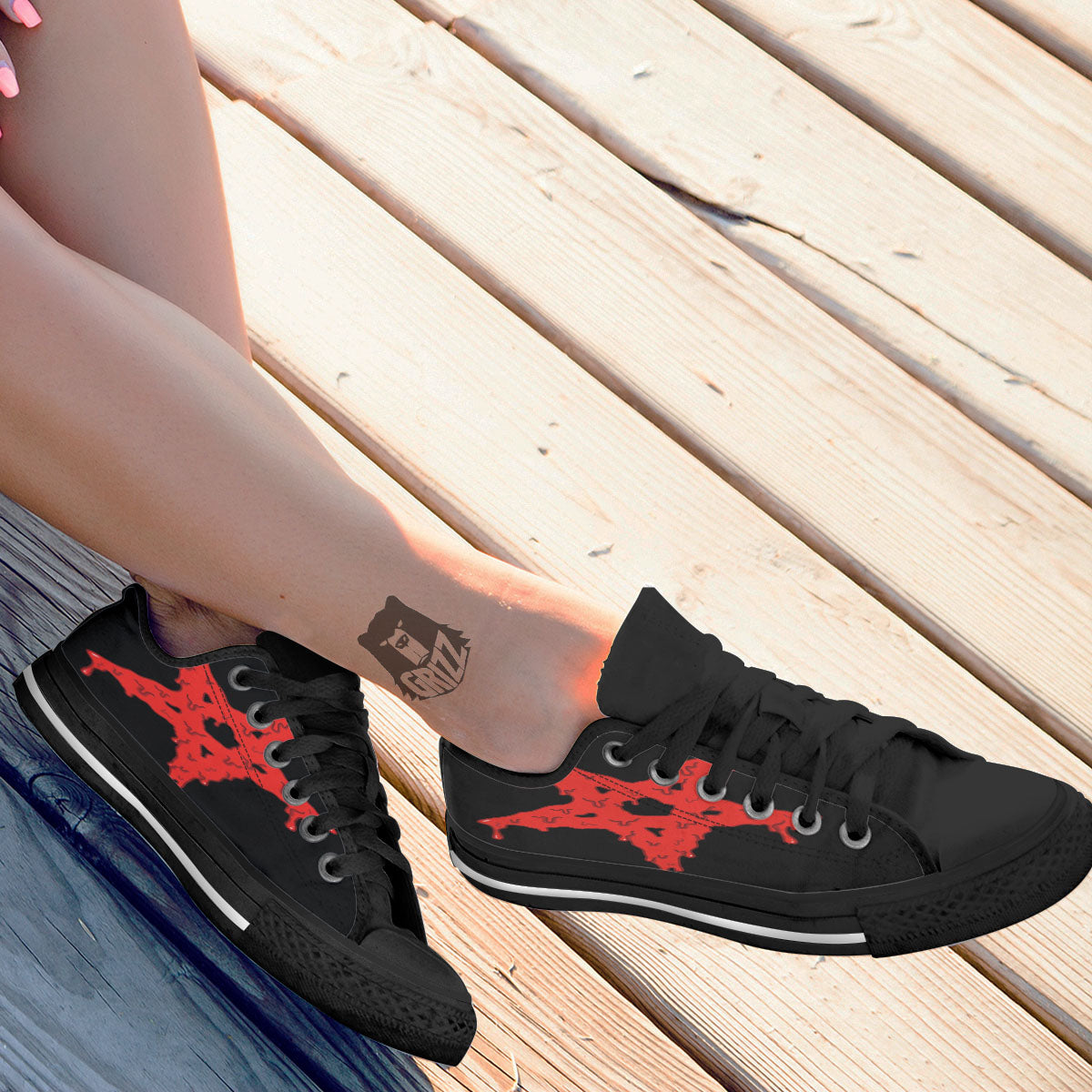 Symbol Red Pentagram Print Black Low Top Shoes-grizzshop