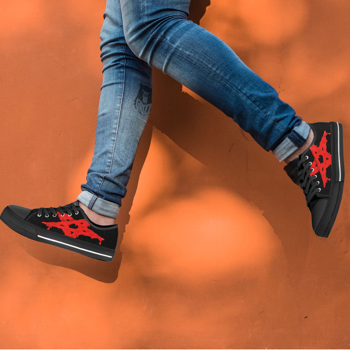 Symbol Red Pentagram Print Black Low Top Shoes-grizzshop
