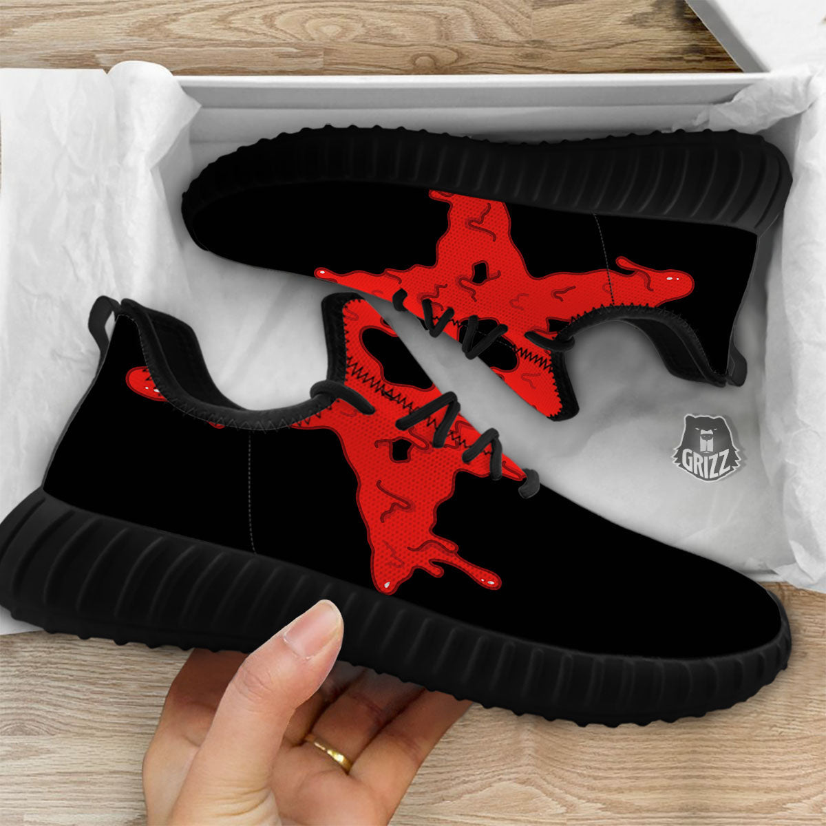 Symbol Red Pentagram Print Black Walking Shoes-grizzshop