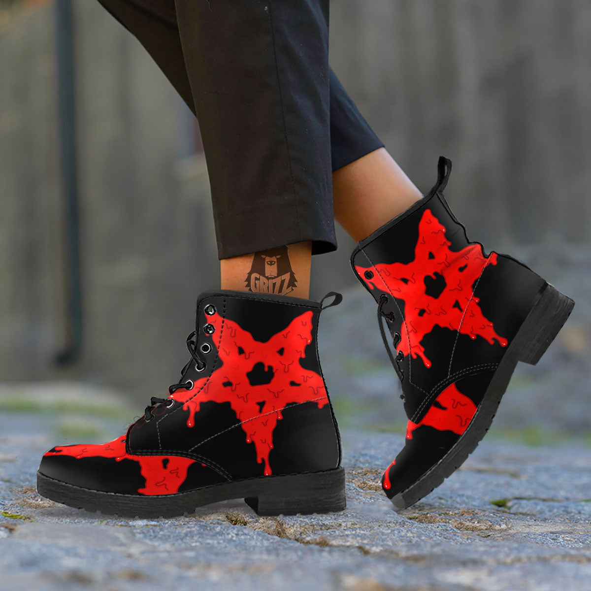 Symbol Red Pentagram Print Leather Boots-grizzshop