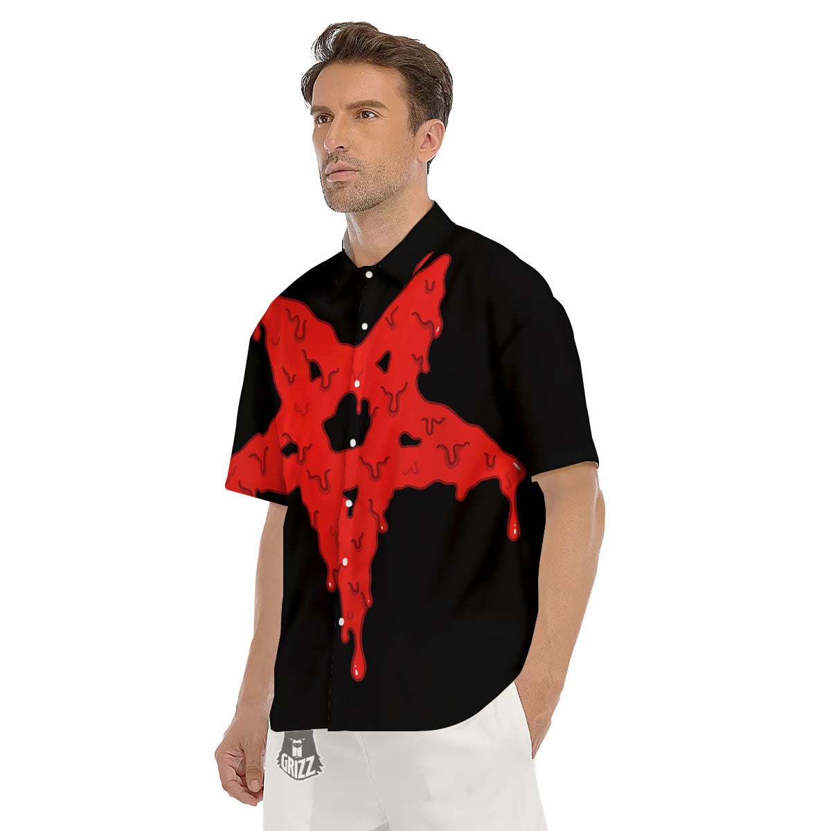 Symbol Red Pentagram Print Men's Short Sleeve Shirts-grizzshop