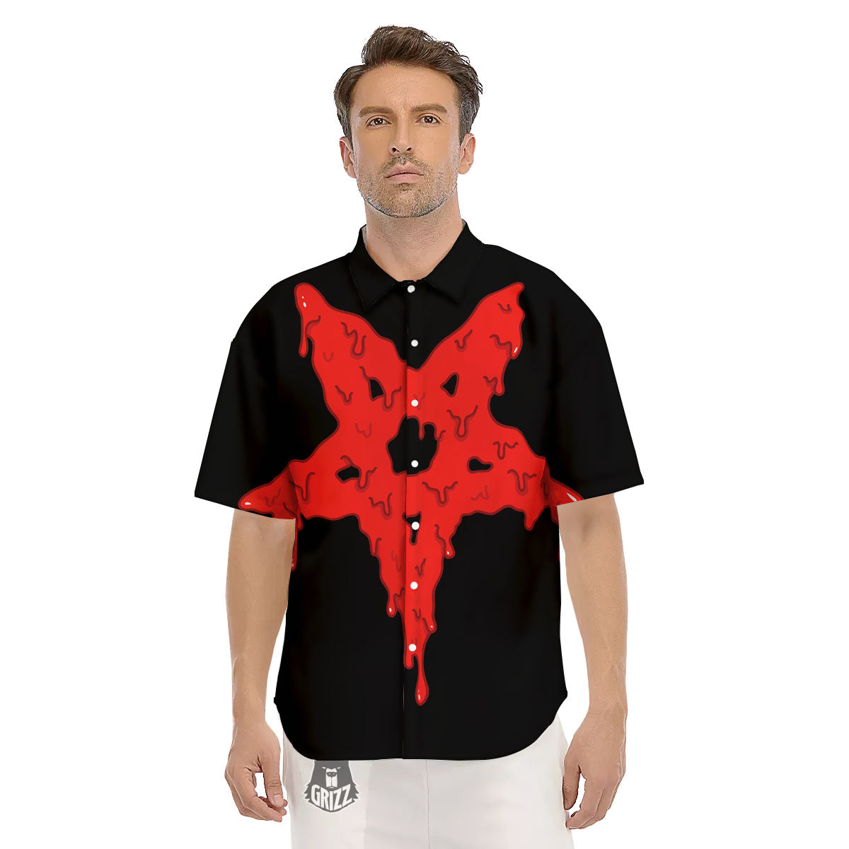 Symbol Red Pentagram Print Men's Short Sleeve Shirts-grizzshop