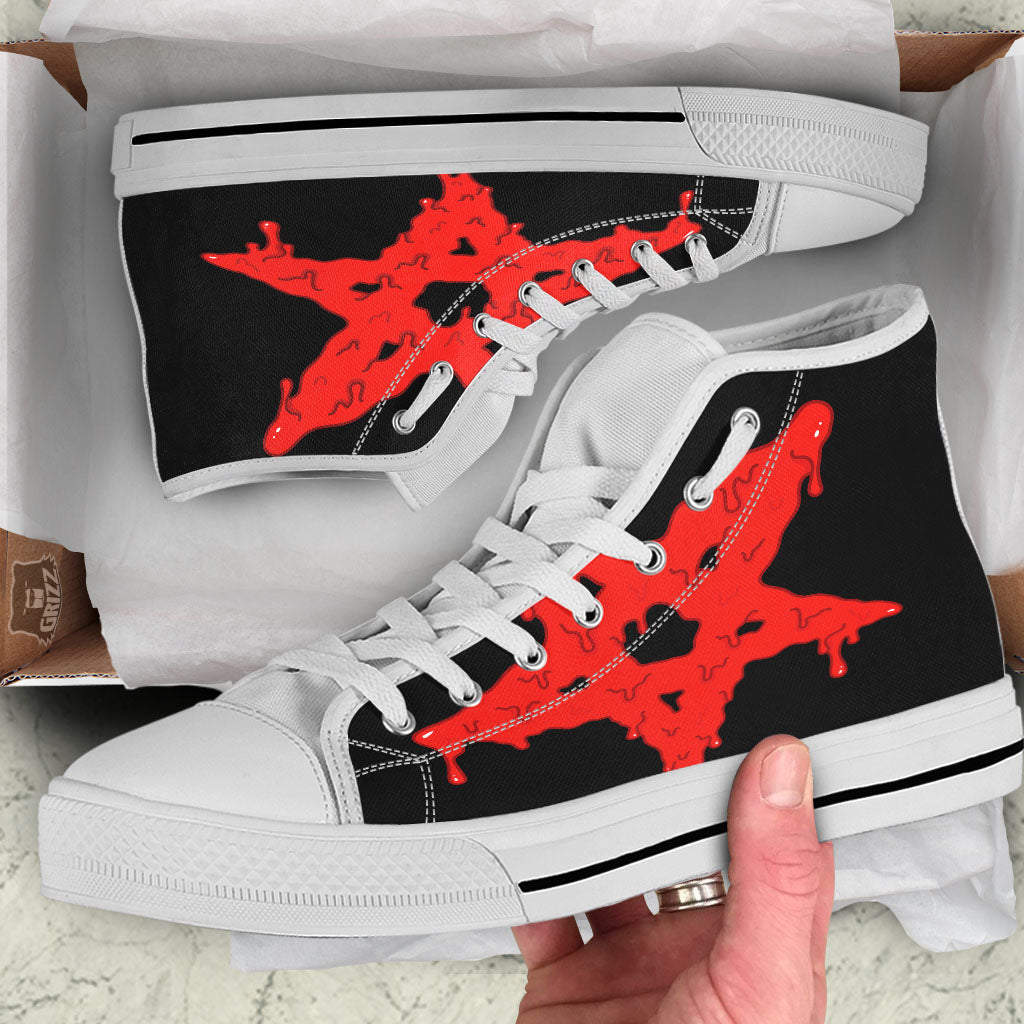 Symbol Red Pentagram Print White High Top Shoes-grizzshop