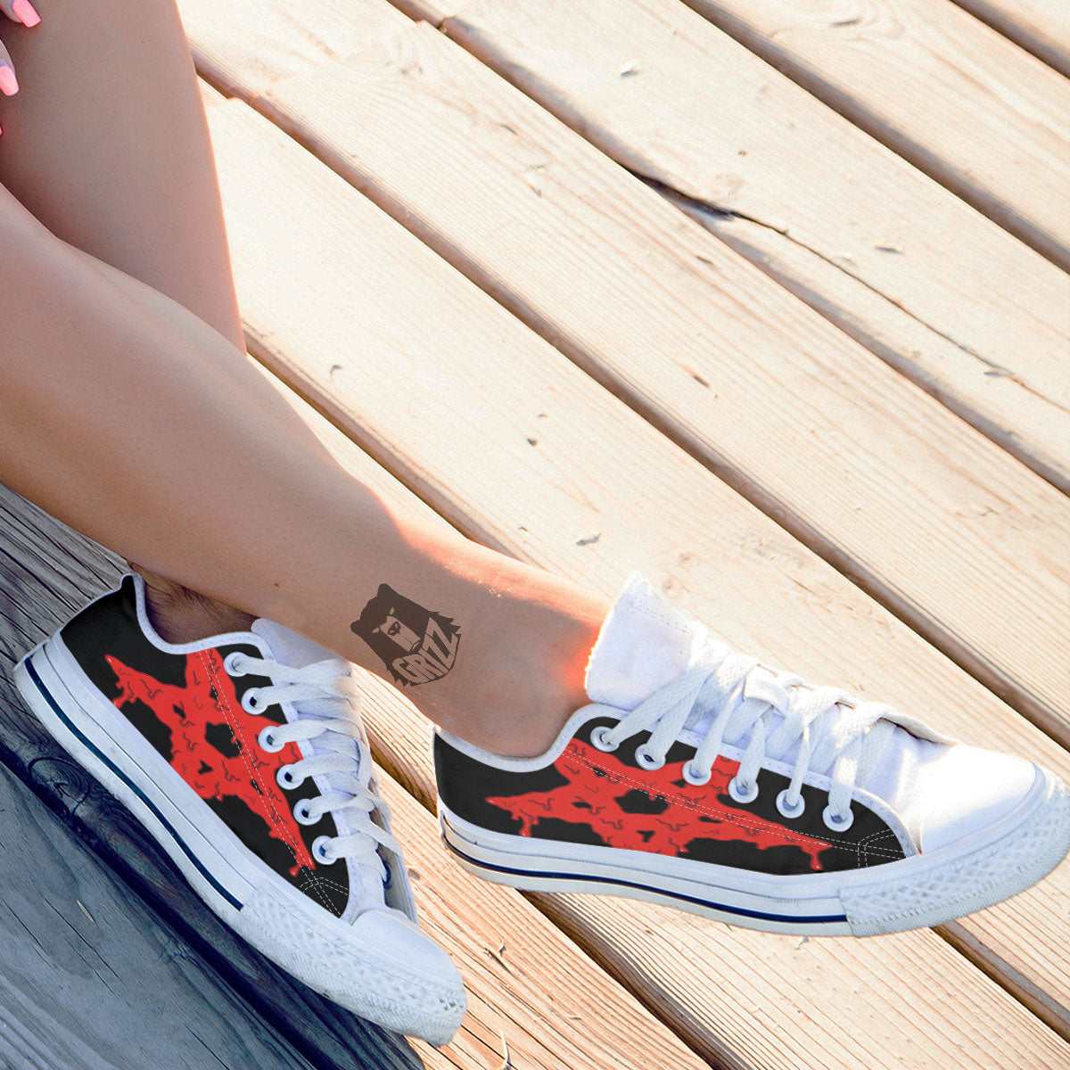 Symbol Red Pentagram Print White Low Top Shoes-grizzshop