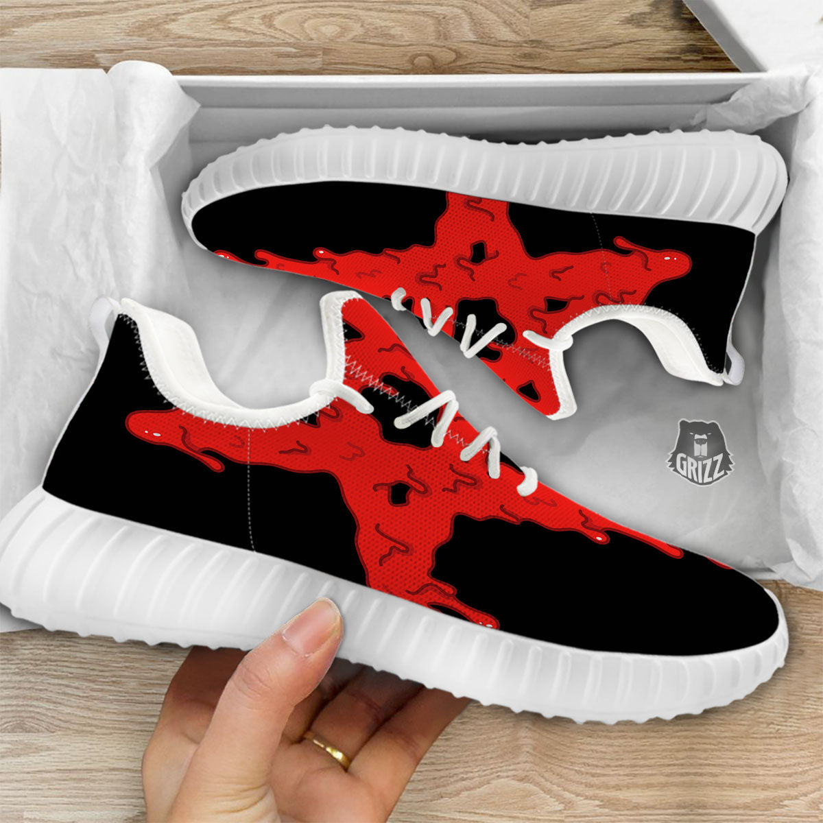 Symbol Red Pentagram Print White Walking Shoes-grizzshop