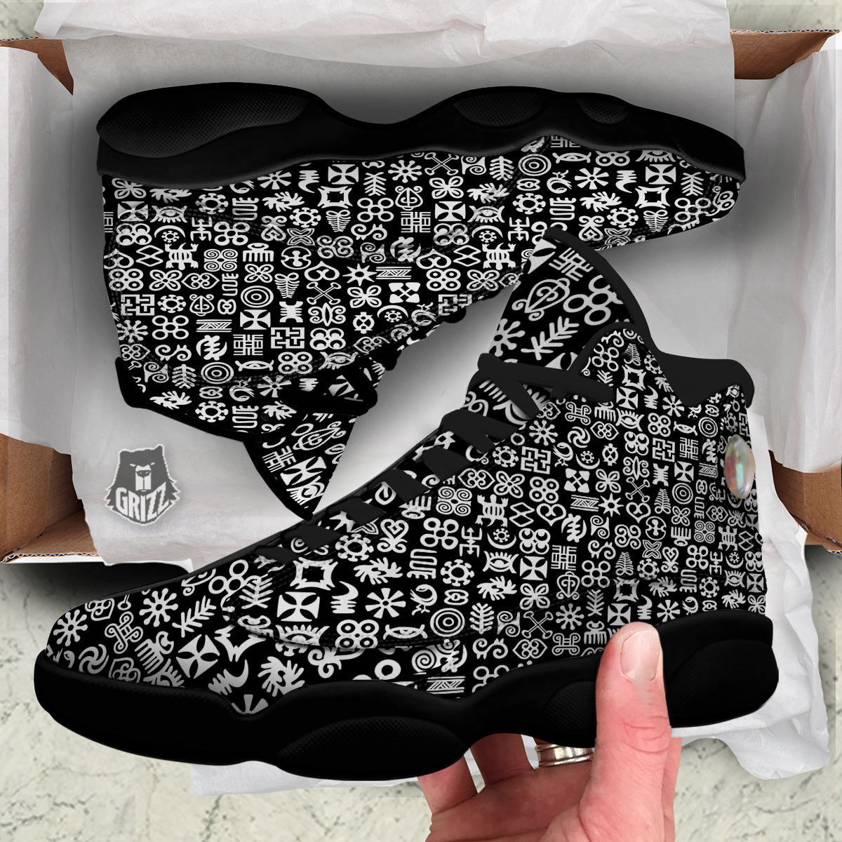 Symbols Black Adinkra Print Pattern Black Basketball Shoes-grizzshop