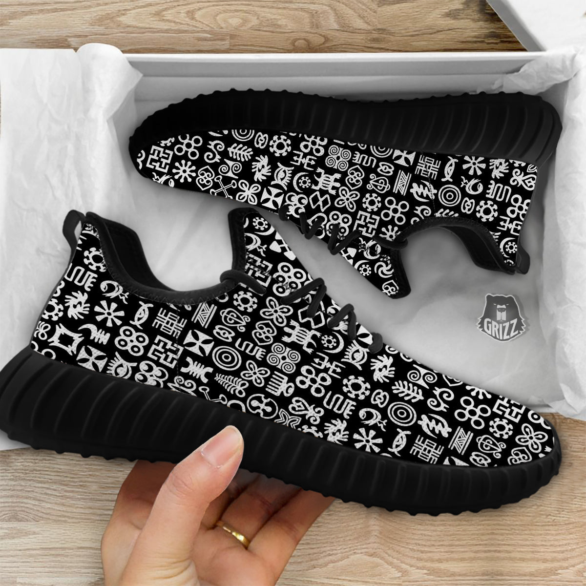 Symbols Black Adinkra Print Pattern Black Walking Shoes-grizzshop