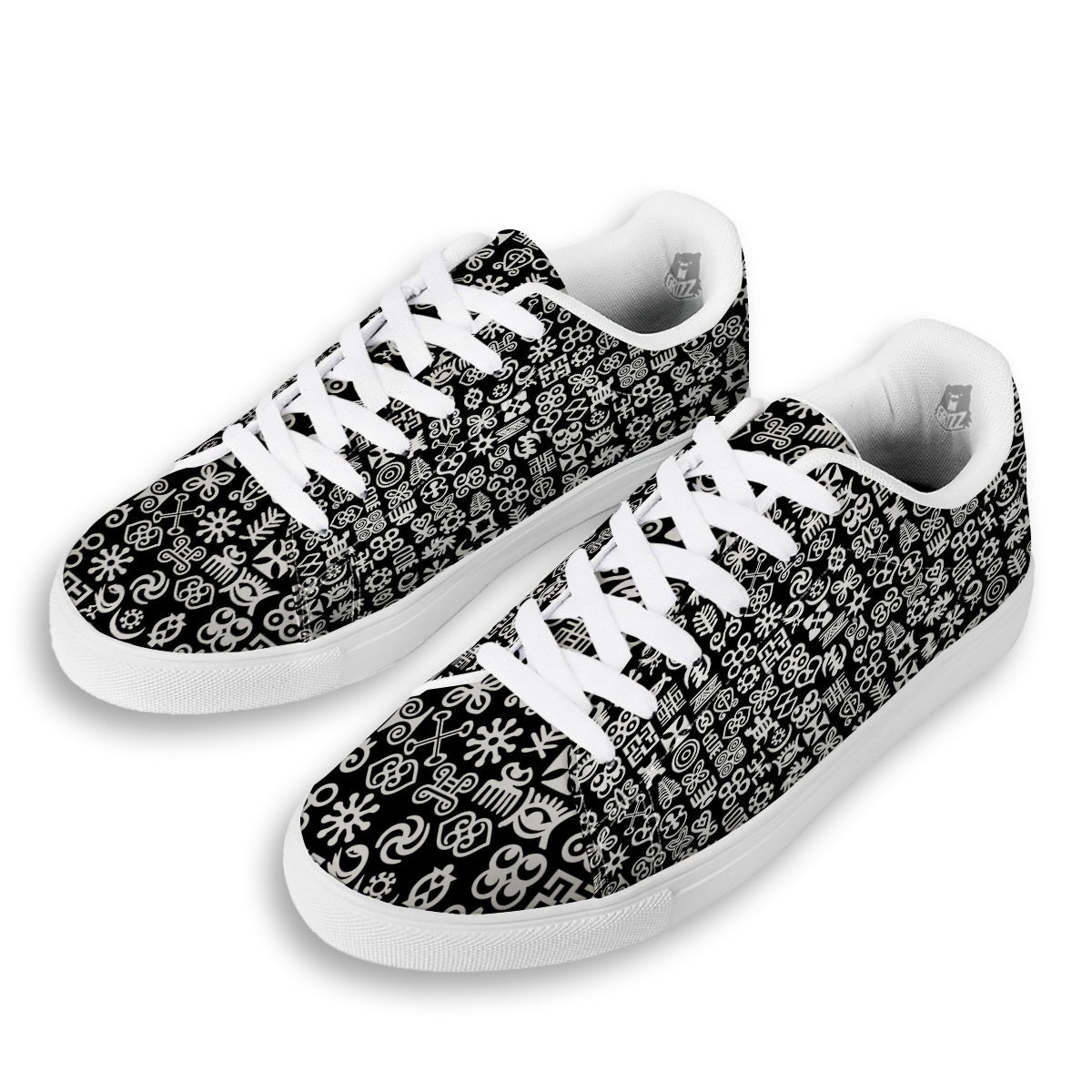 Symbols Black Adinkra Print Pattern White Low Top Sneakers-grizzshop
