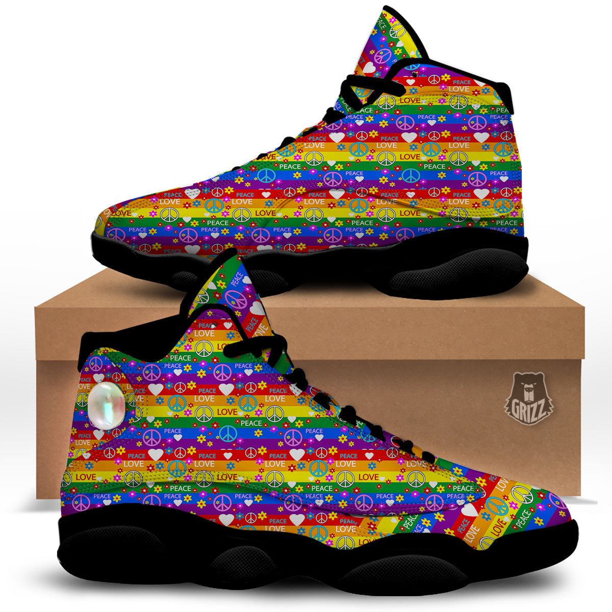 Symbols Of The Hippie And Rainbow Print Black Basketball Shoes-grizzshop