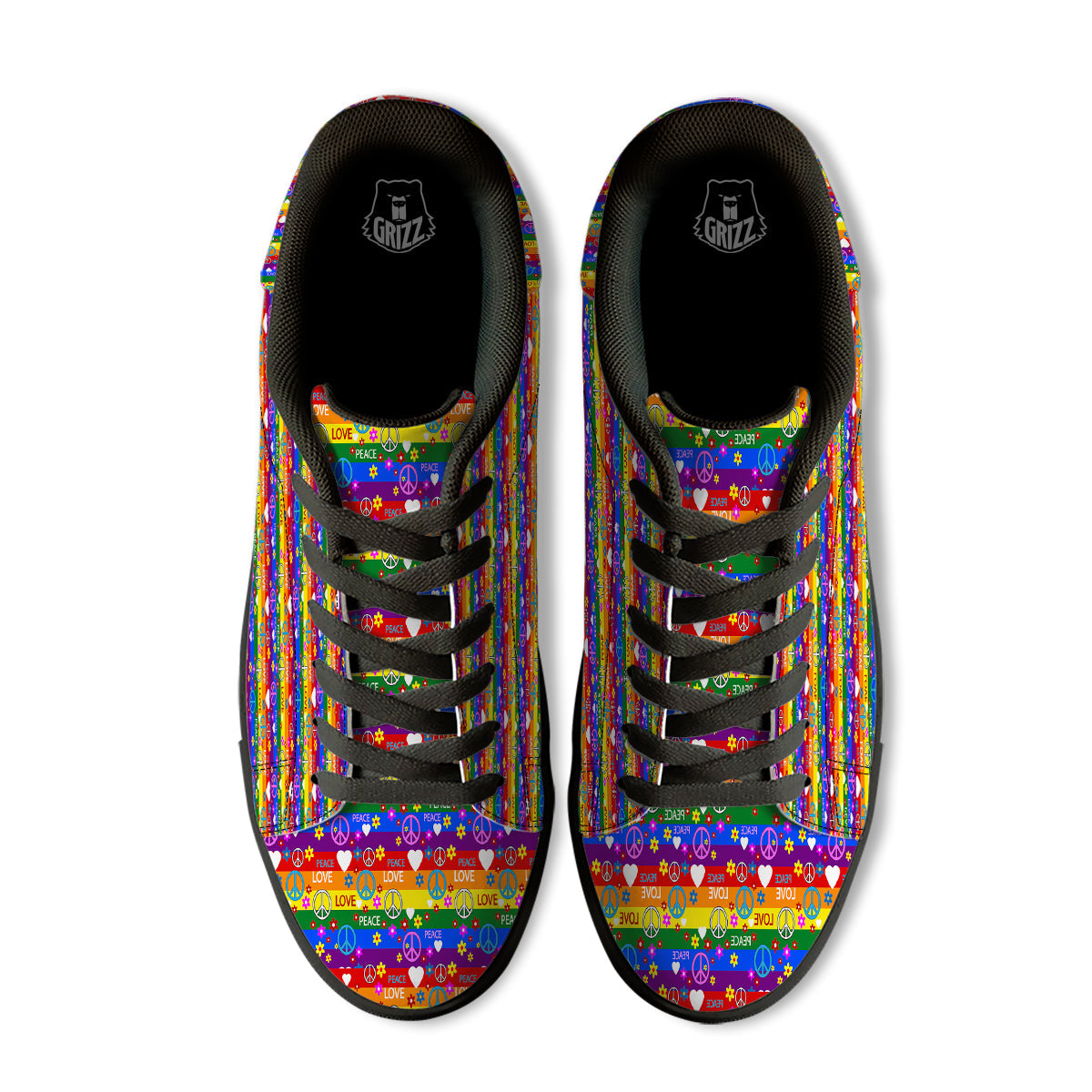 Symbols Of The Hippie And Rainbow Print Black Low Top Sneakers-grizzshop