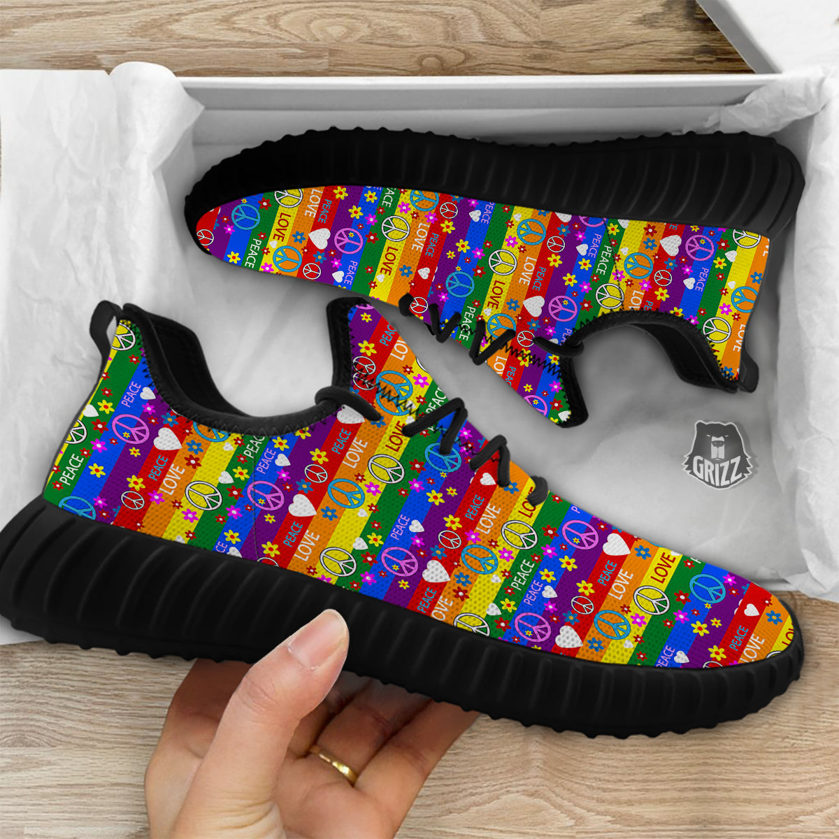 Symbols Of The Hippie And Rainbow Print Black Walking Shoes-grizzshop