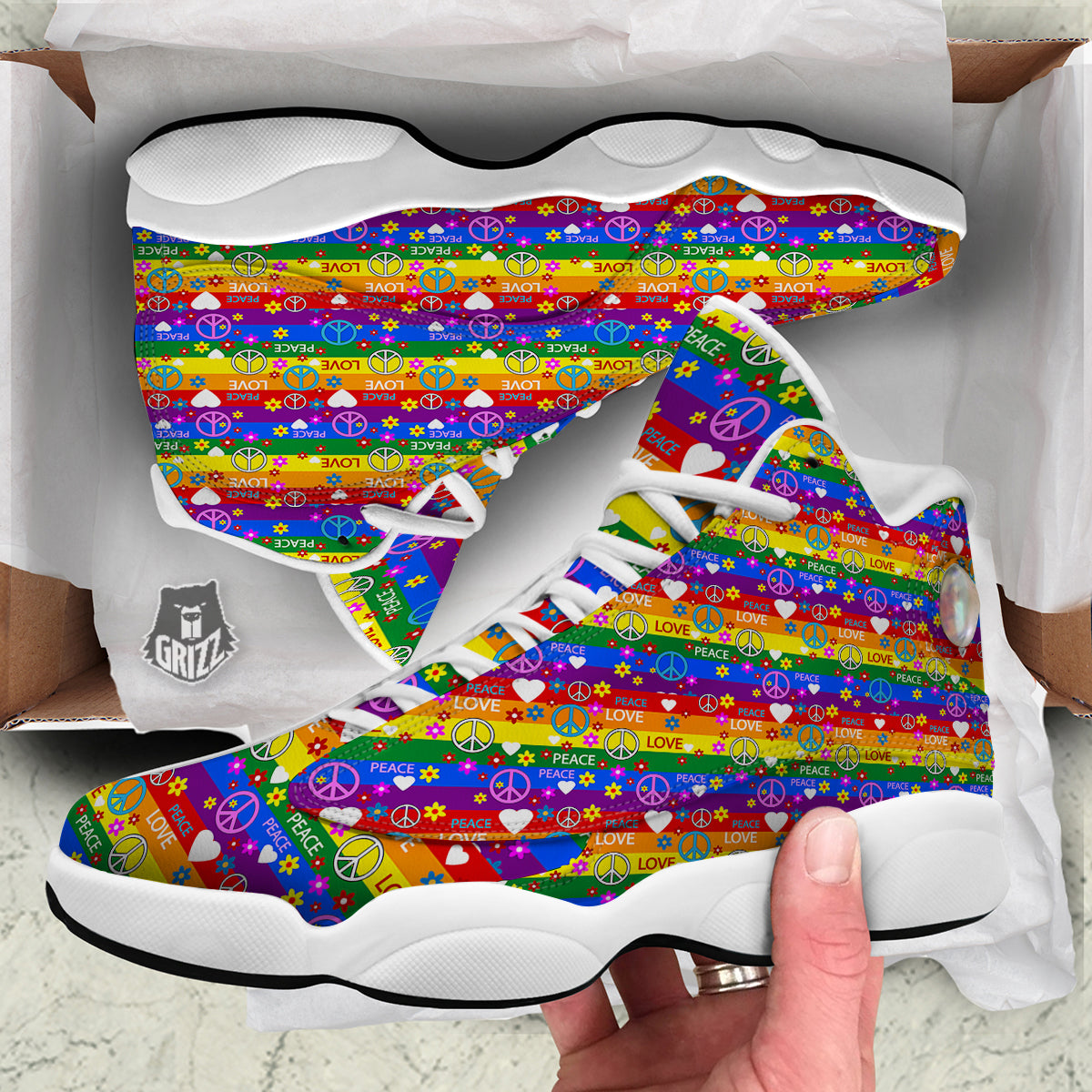 Symbols Of The Hippie And Rainbow Print White Basketball Shoes-grizzshop