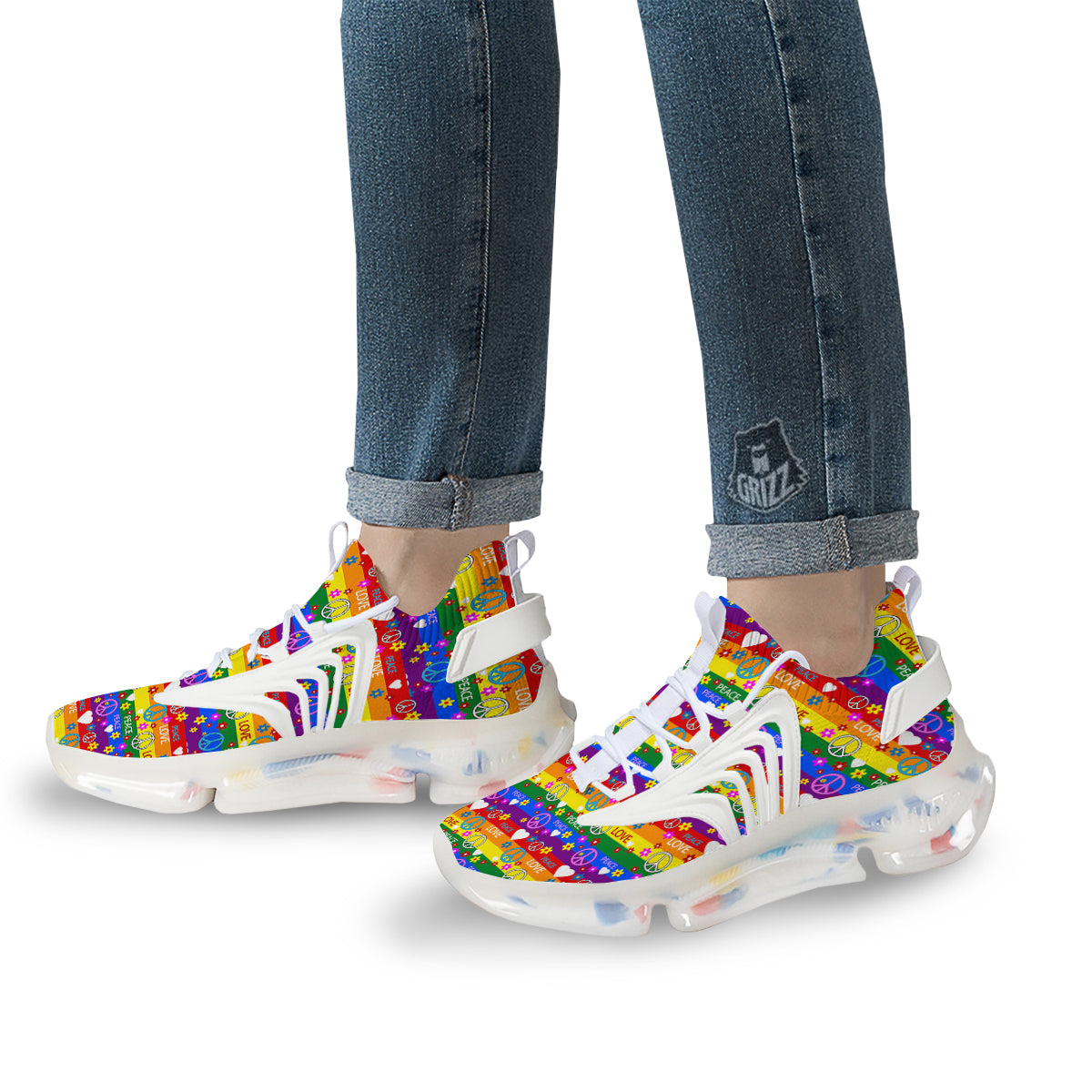 Symbols Of The Hippie And Rainbow Print White Gym Shoes-grizzshop