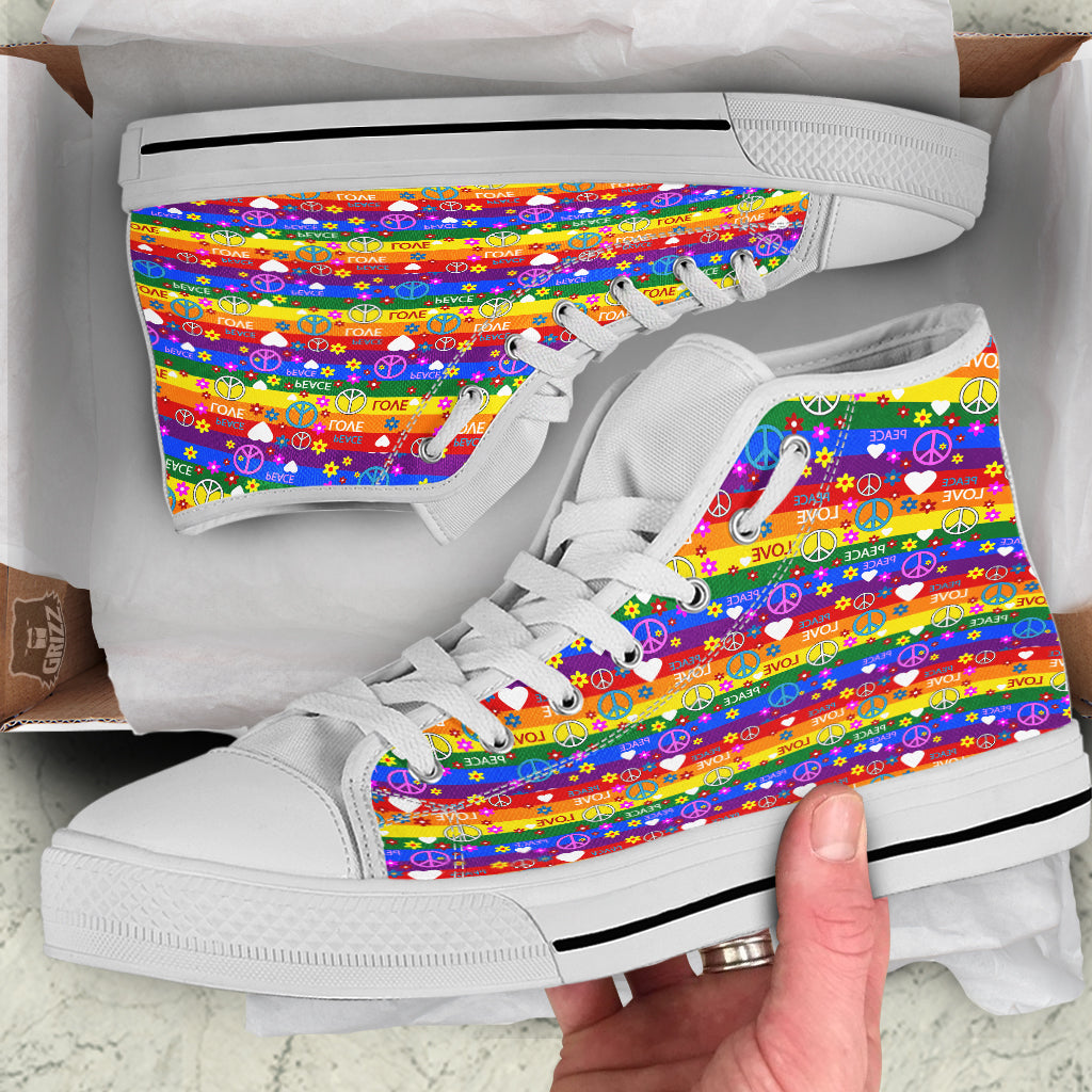 Symbols Of The Hippie And Rainbow Print White High Top Shoes-grizzshop