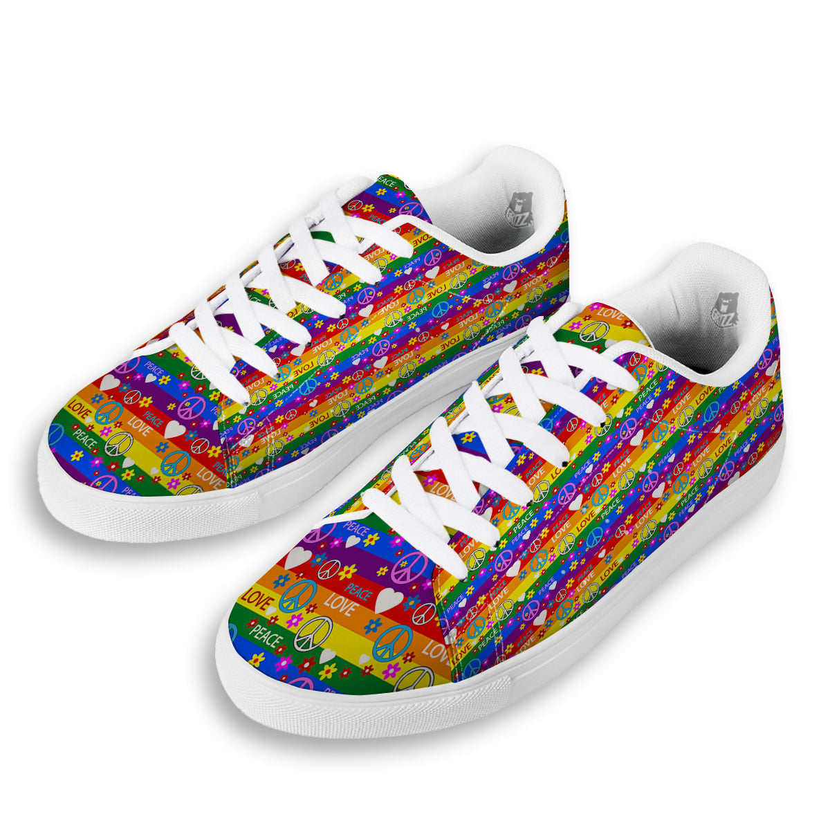 Symbols Of The Hippie And Rainbow Print White Low Top Sneakers-grizzshop