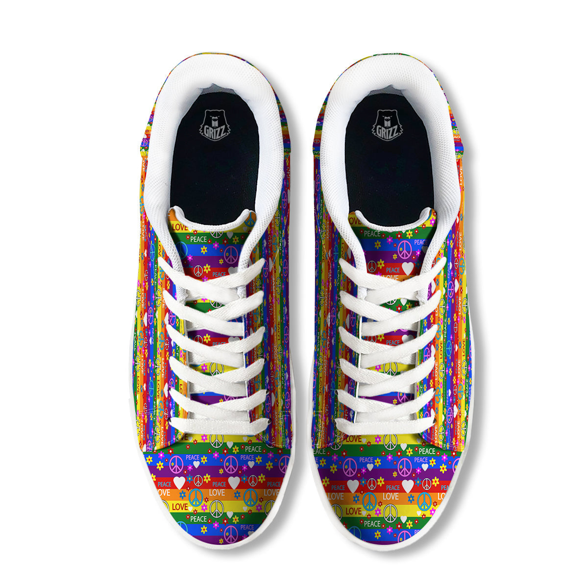 Symbols Of The Hippie And Rainbow Print White Low Top Sneakers-grizzshop