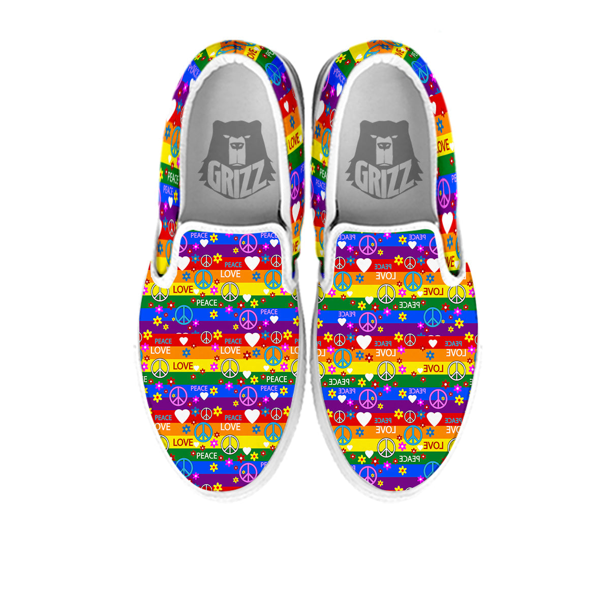 Symbols Of The Hippie And Rainbow Print White Slip On Shoes-grizzshop