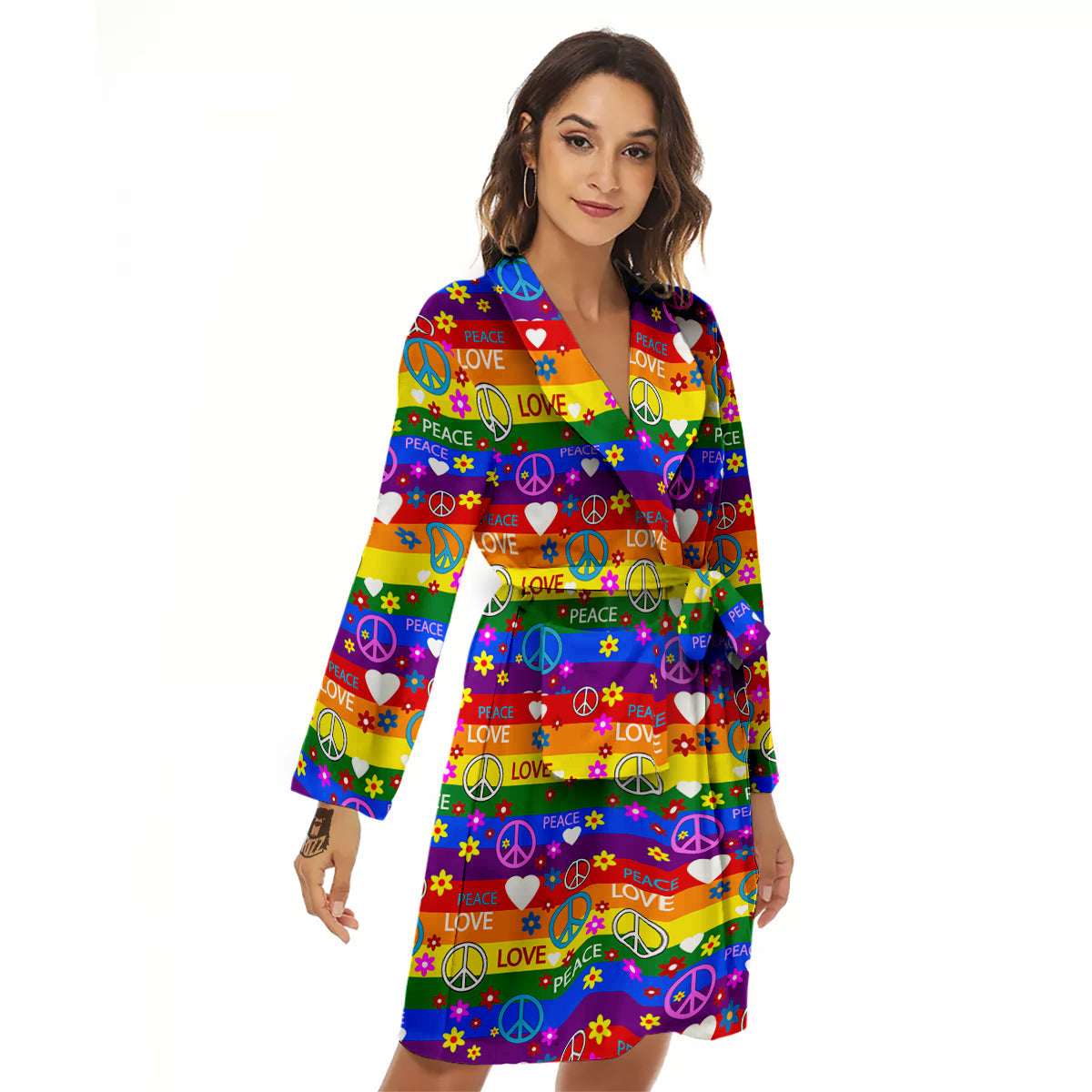 Symbols Of The Hippie And Rainbow Print Women's Robe-grizzshop