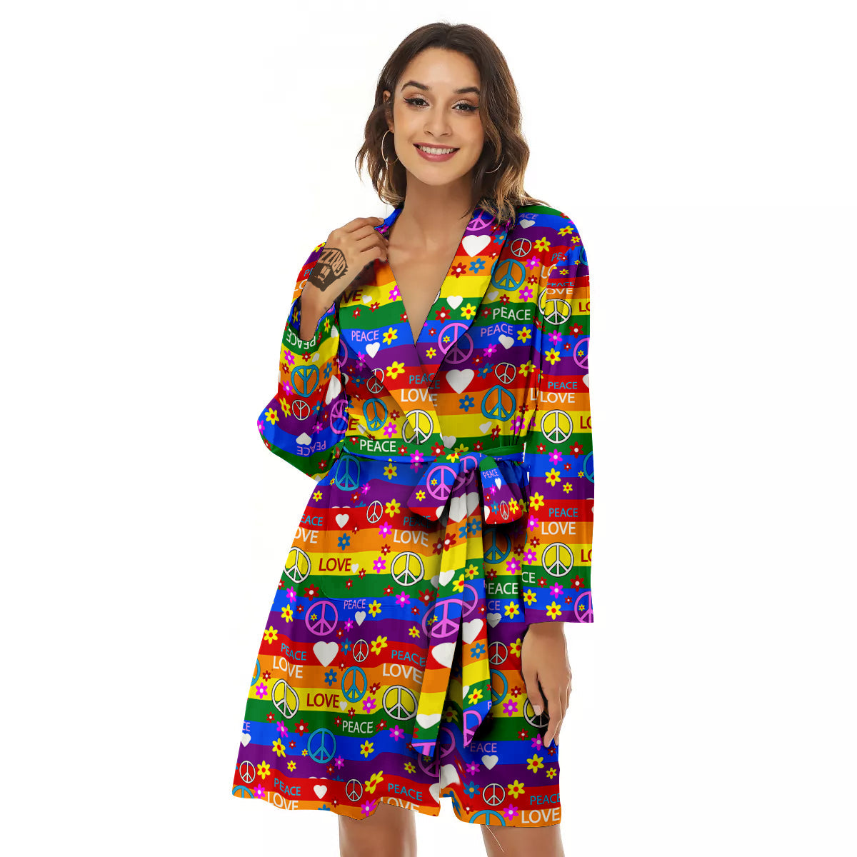 Symbols Of The Hippie And Rainbow Print Women's Robe-grizzshop