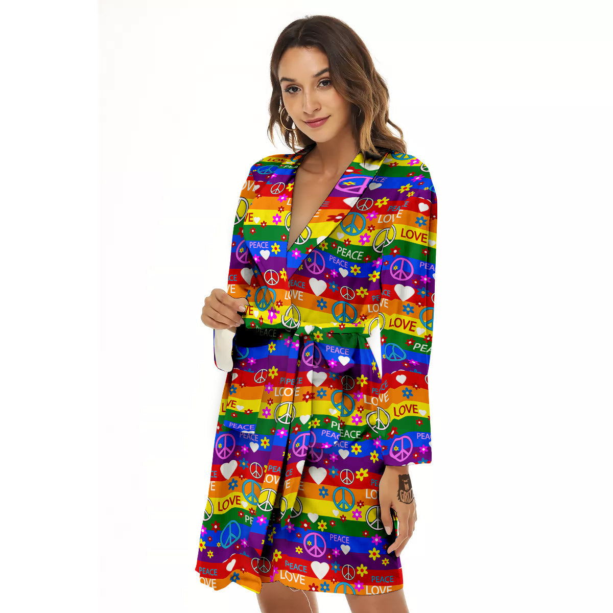 Symbols Of The Hippie And Rainbow Print Women's Robe-grizzshop