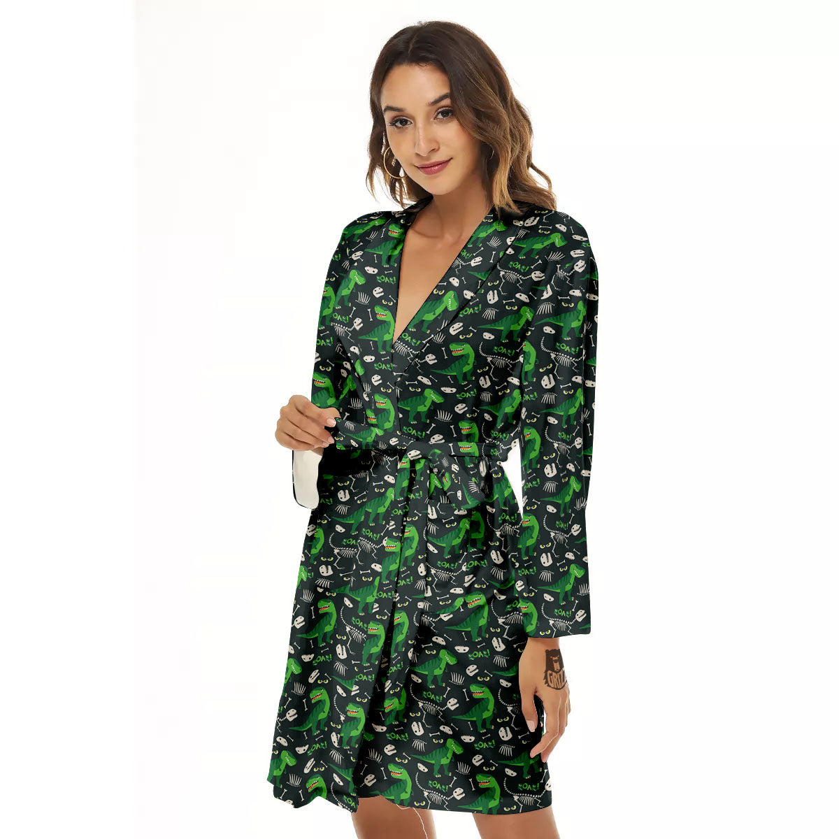 T-Rex Dinosaur Cute Green Print Pattern Women's Robe-grizzshop