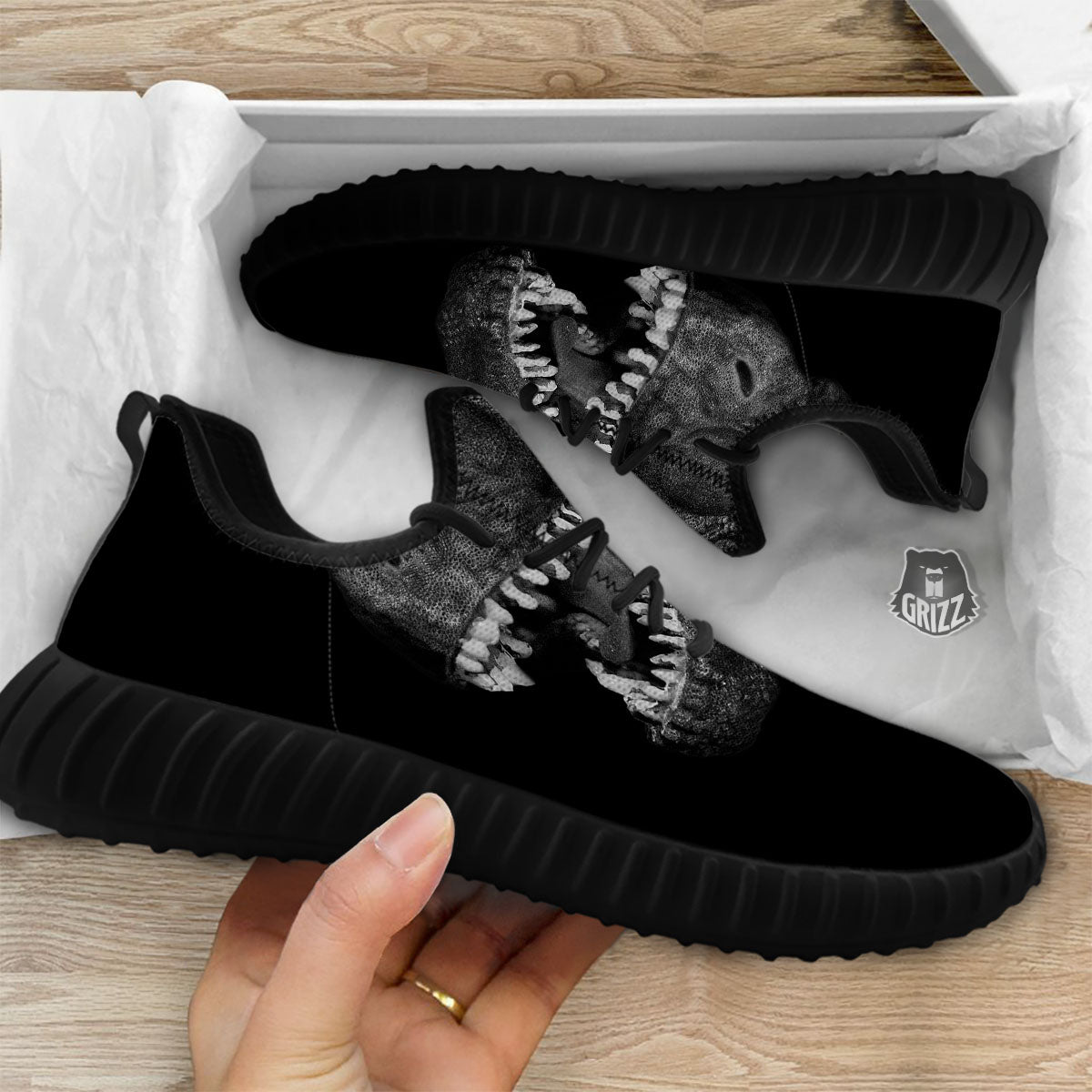 T-Rex Dinosaur White And Black Print Black Walking Shoes-grizzshop