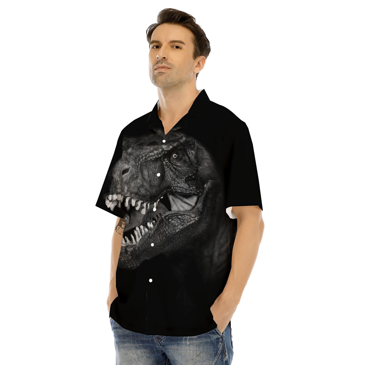 T-Rex Dinosaur White And Black Print Men's Hawaiian Shirt-grizzshop