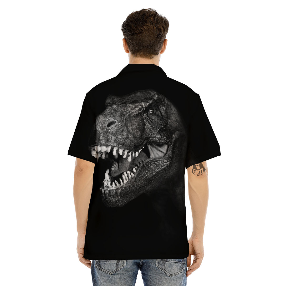 T-Rex Dinosaur White And Black Print Men's Hawaiian Shirt-grizzshop