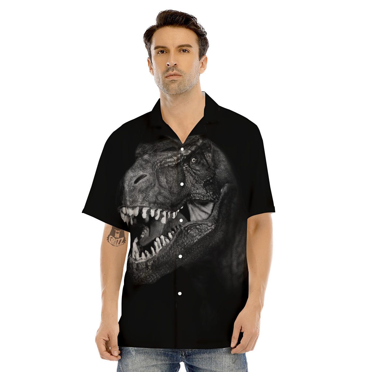 T-Rex Dinosaur White And Black Print Men's Hawaiian Shirt-grizzshop