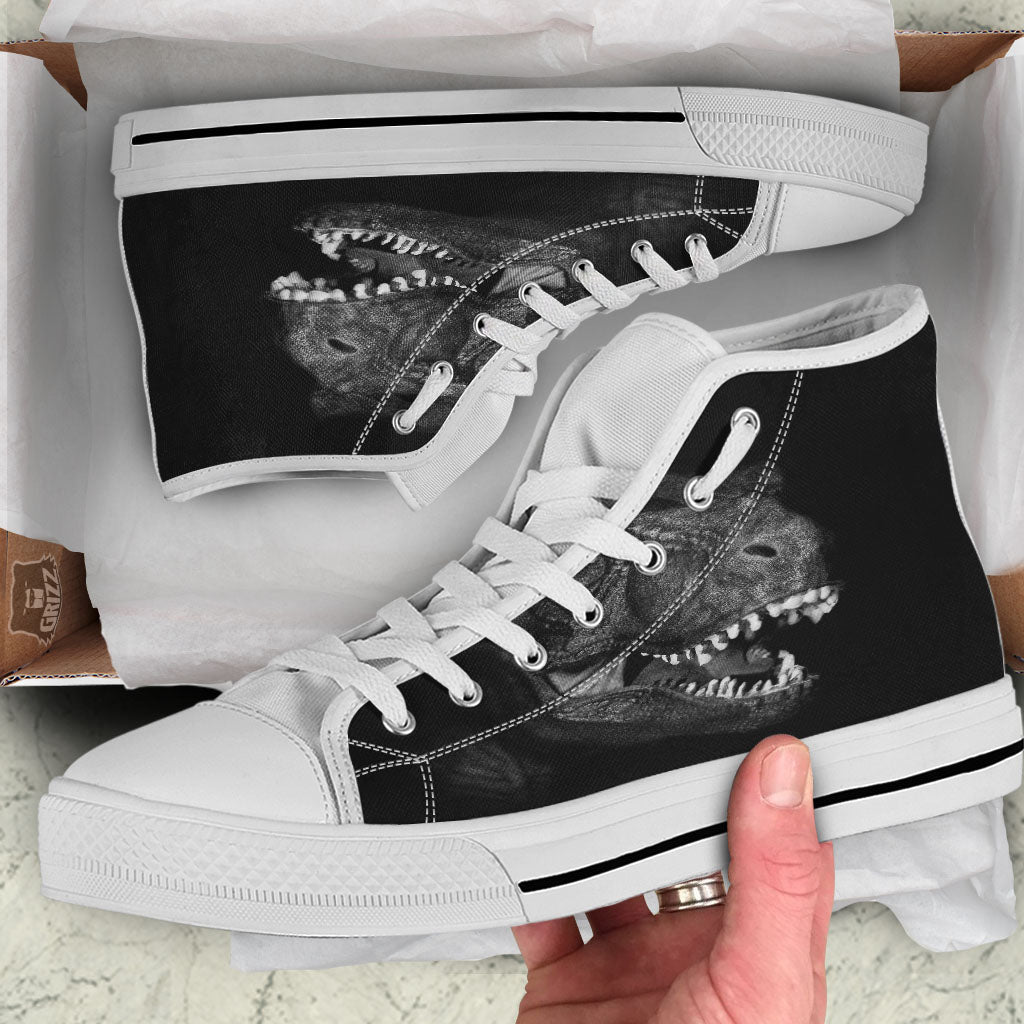 T-Rex Dinosaur White And Black Print White High Top Shoes-grizzshop