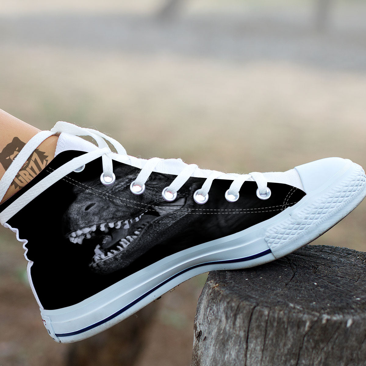 T-Rex Dinosaur White And Black Print White High Top Shoes-grizzshop