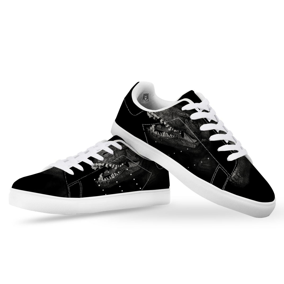 T-Rex Dinosaur White And Black Print White Low Top Sneakers-grizzshop