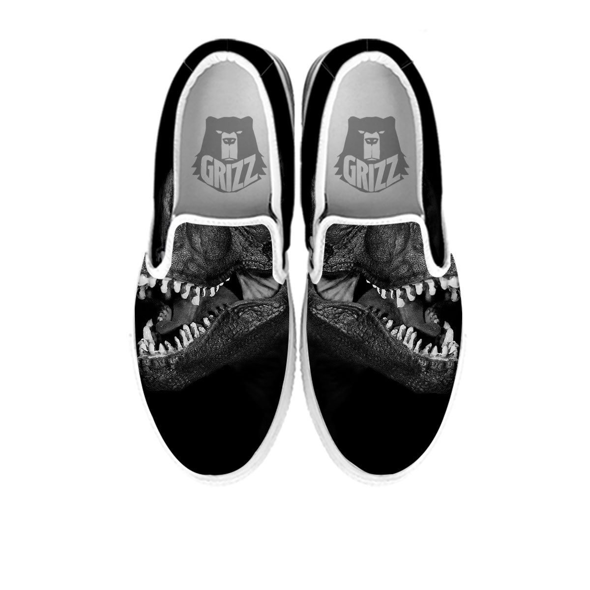 T-Rex Dinosaur White And Black Print White Slip On Shoes-grizzshop
