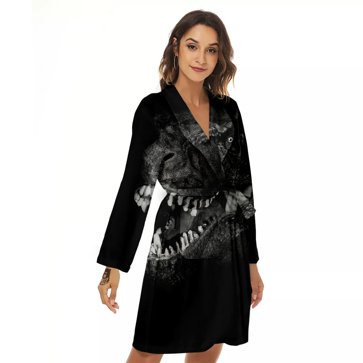 T-Rex Dinosaur White And Black Print Women's Robe-grizzshop