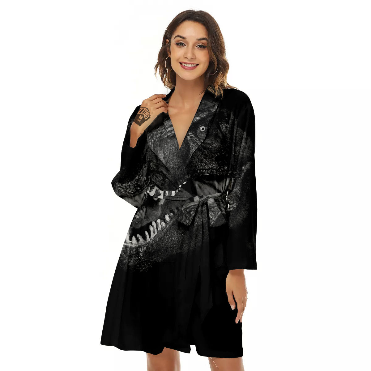 T-Rex Dinosaur White And Black Print Women's Robe-grizzshop