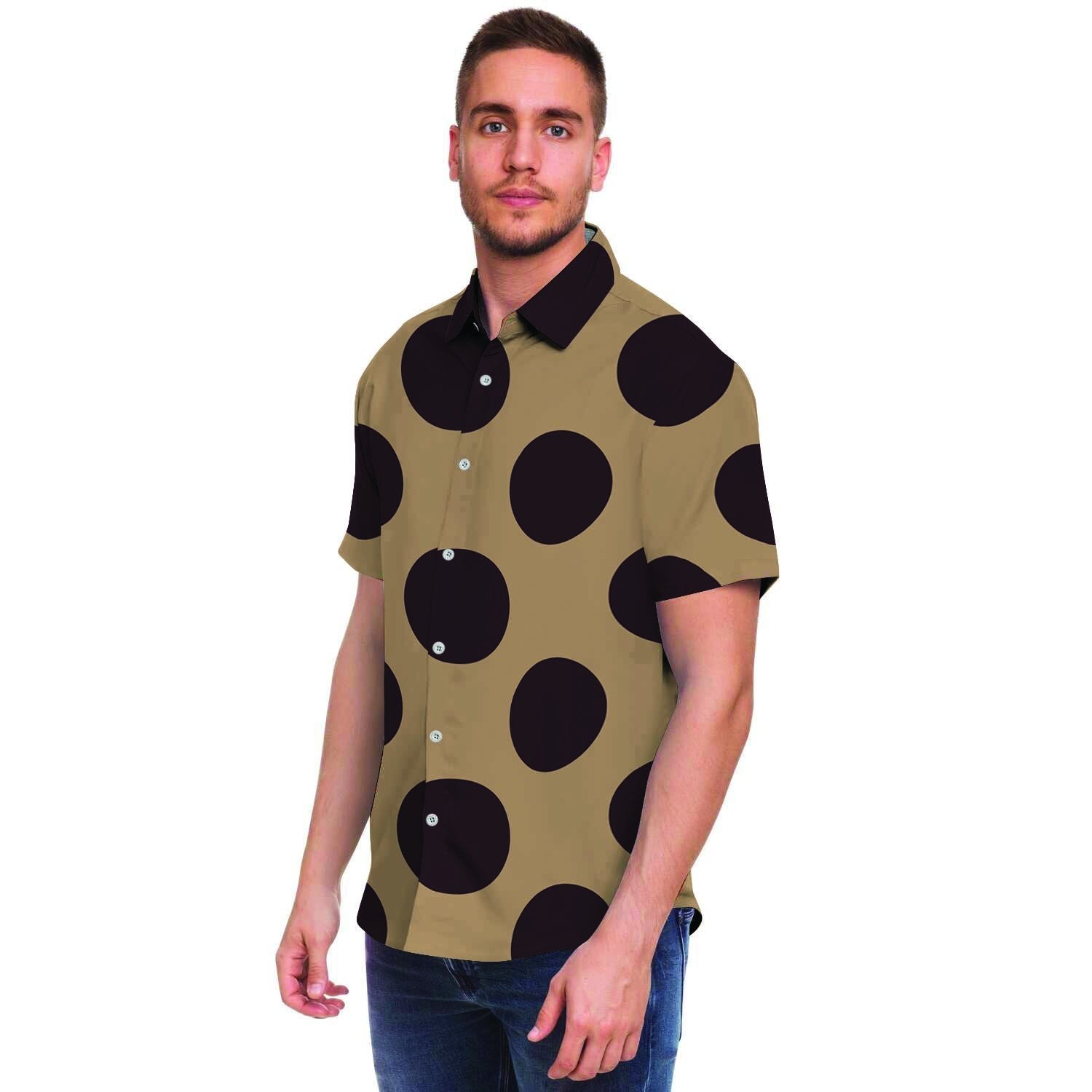 Tan And Black Polka Dot Men's Short Sleeve Shirt-grizzshop
