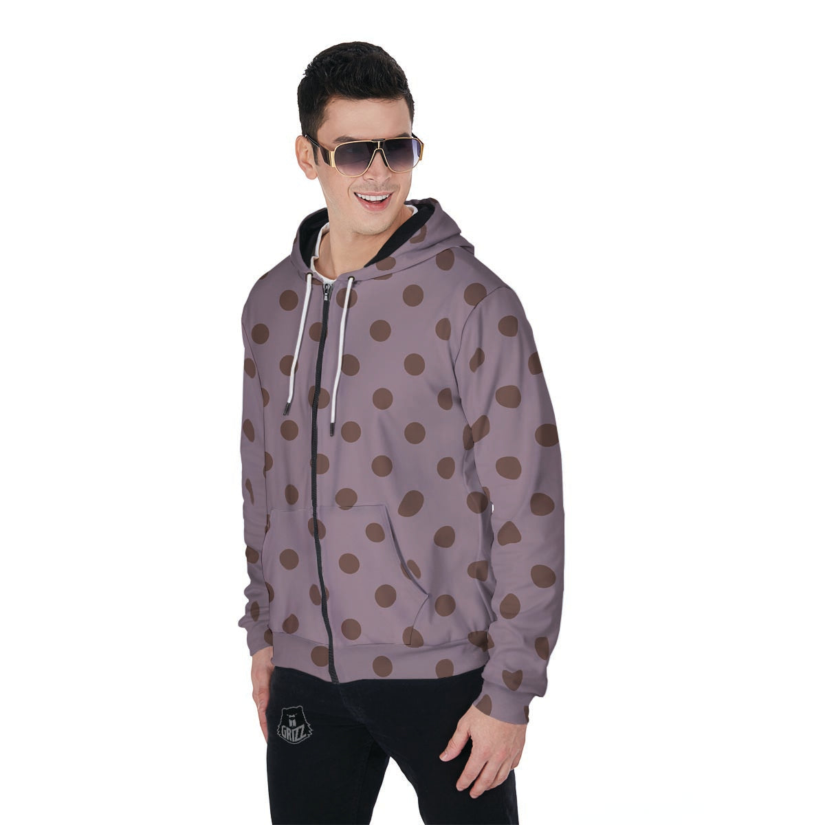 Tan And Brown Tiny Polka Dot Men's Zip Up Hoodie-grizzshop