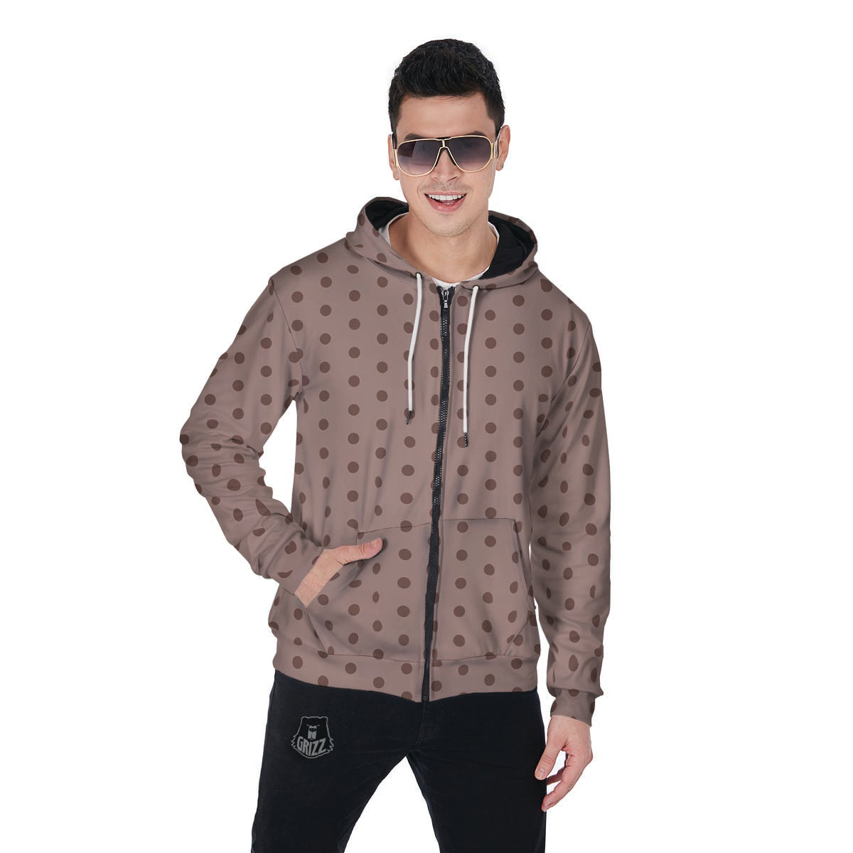 Tan Brown Polka Dot Men's Zip Up Hoodie-grizzshop