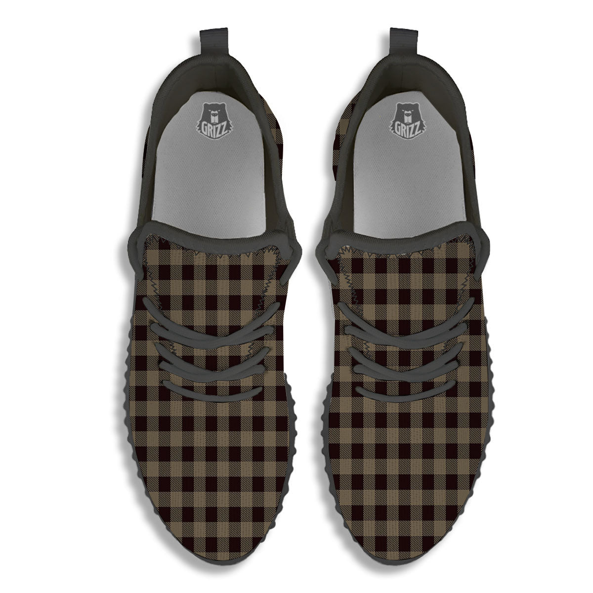 Tan Dark And Black Check Print Pattern Black Walking Shoes-grizzshop