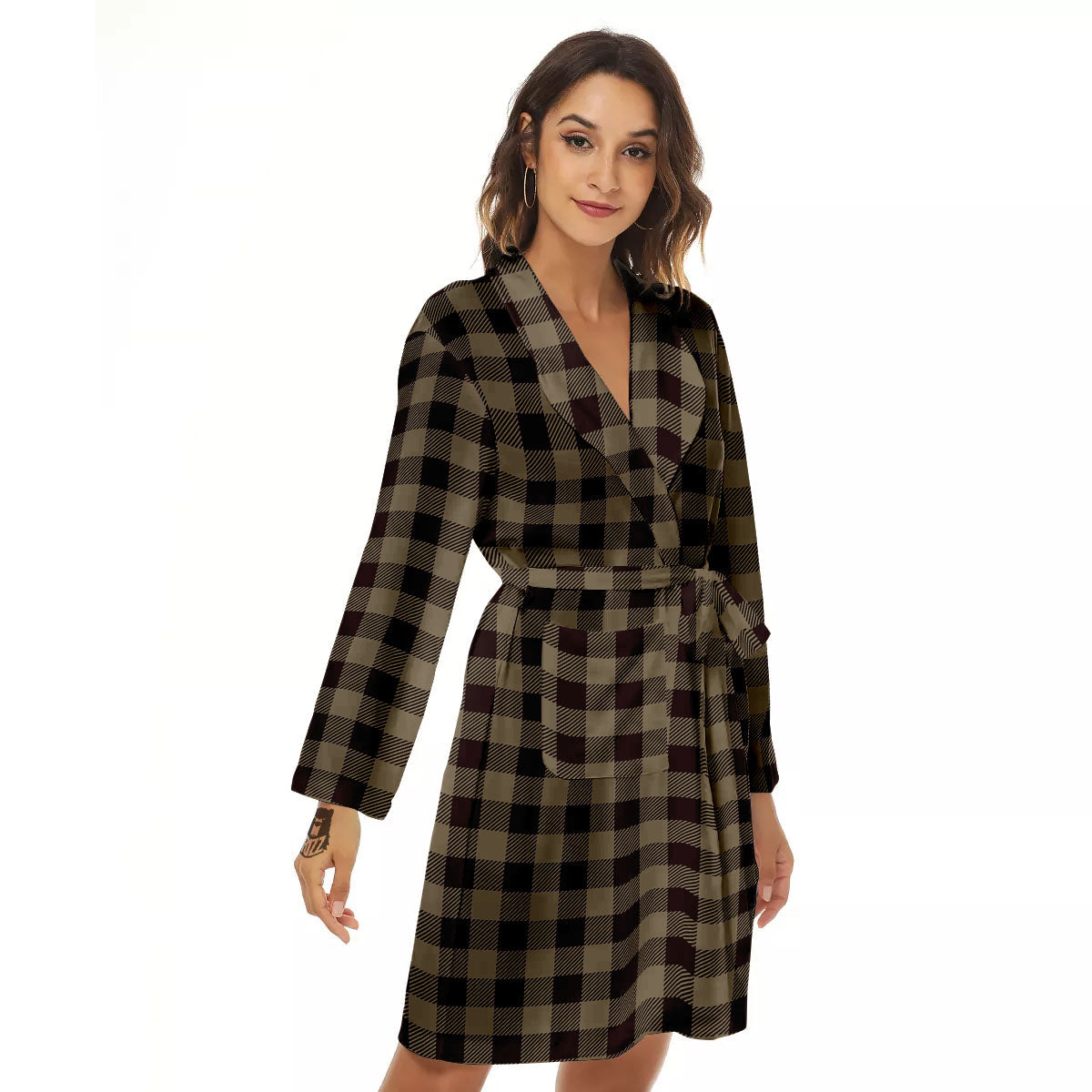 Tan Dark And Black Check Print Pattern Women's Robe-grizzshop