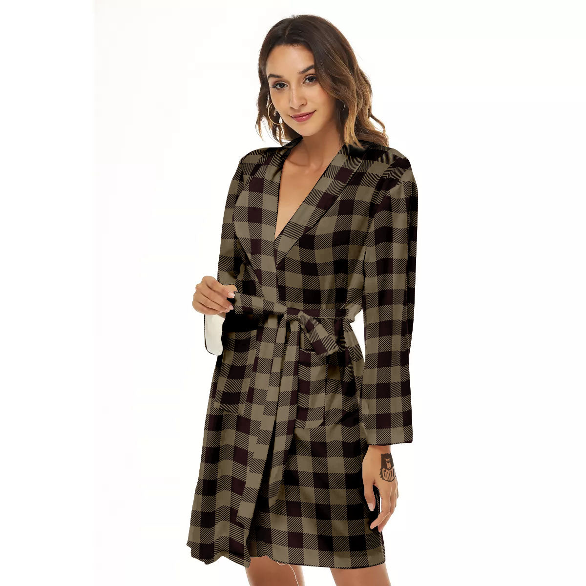 Tan Dark And Black Check Print Pattern Women's Robe-grizzshop