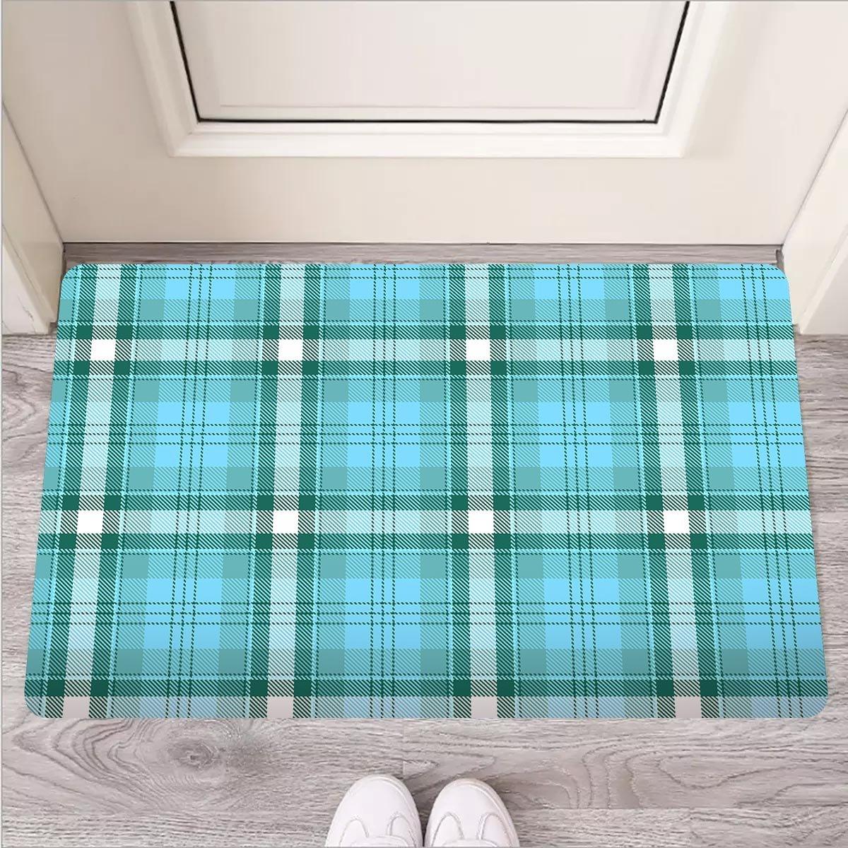 Tartan Aqua Blue Plaid Door Mat-grizzshop