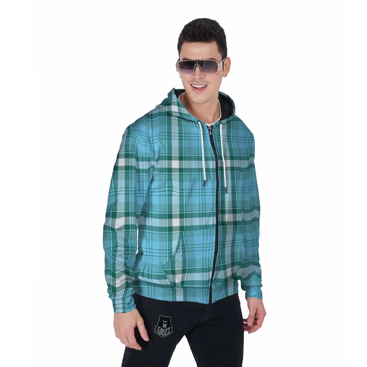 Tartan Aqua Blue Plaid Men's Zip Up Hoodie-grizzshop