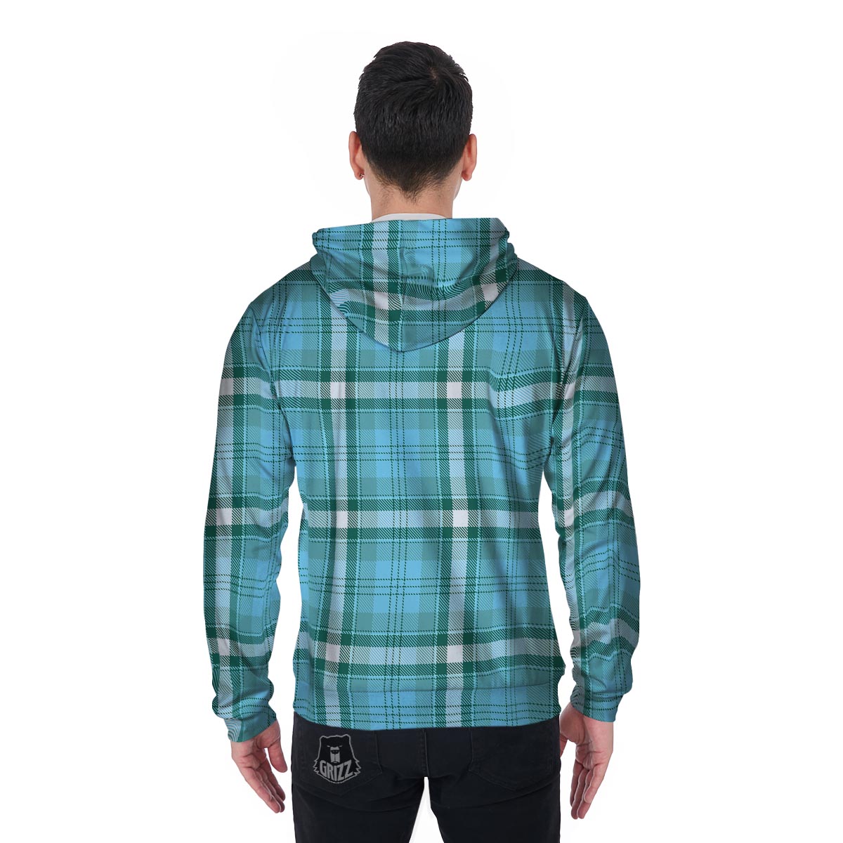 Tartan Aqua Blue Plaid Men's Zip Up Hoodie-grizzshop