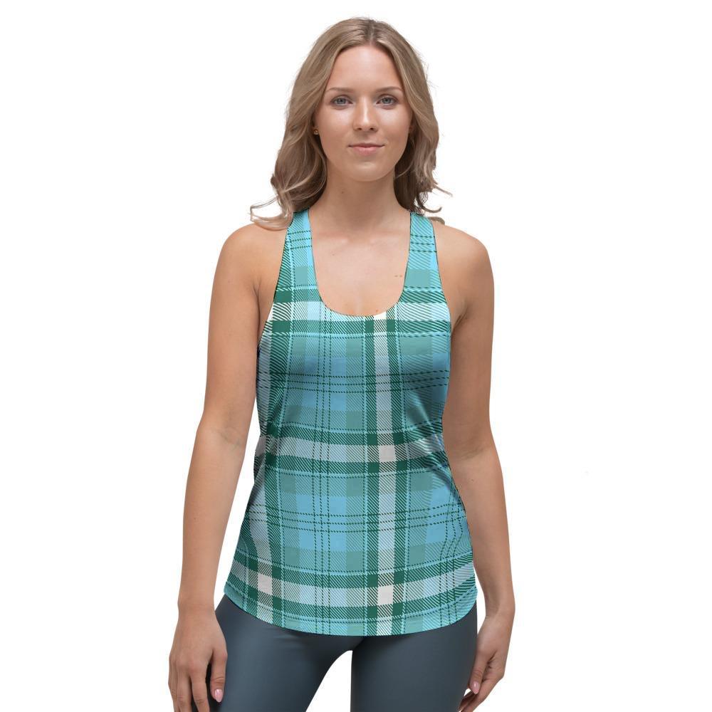 Tartan Aqua Blue Plaid Women's Racerback Tank Top-grizzshop