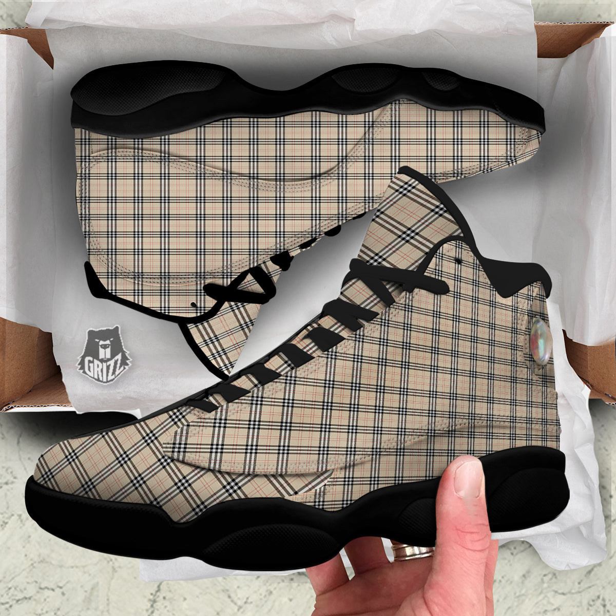 Tartan Beige Print Pattern Black Basketball Shoes-grizzshop